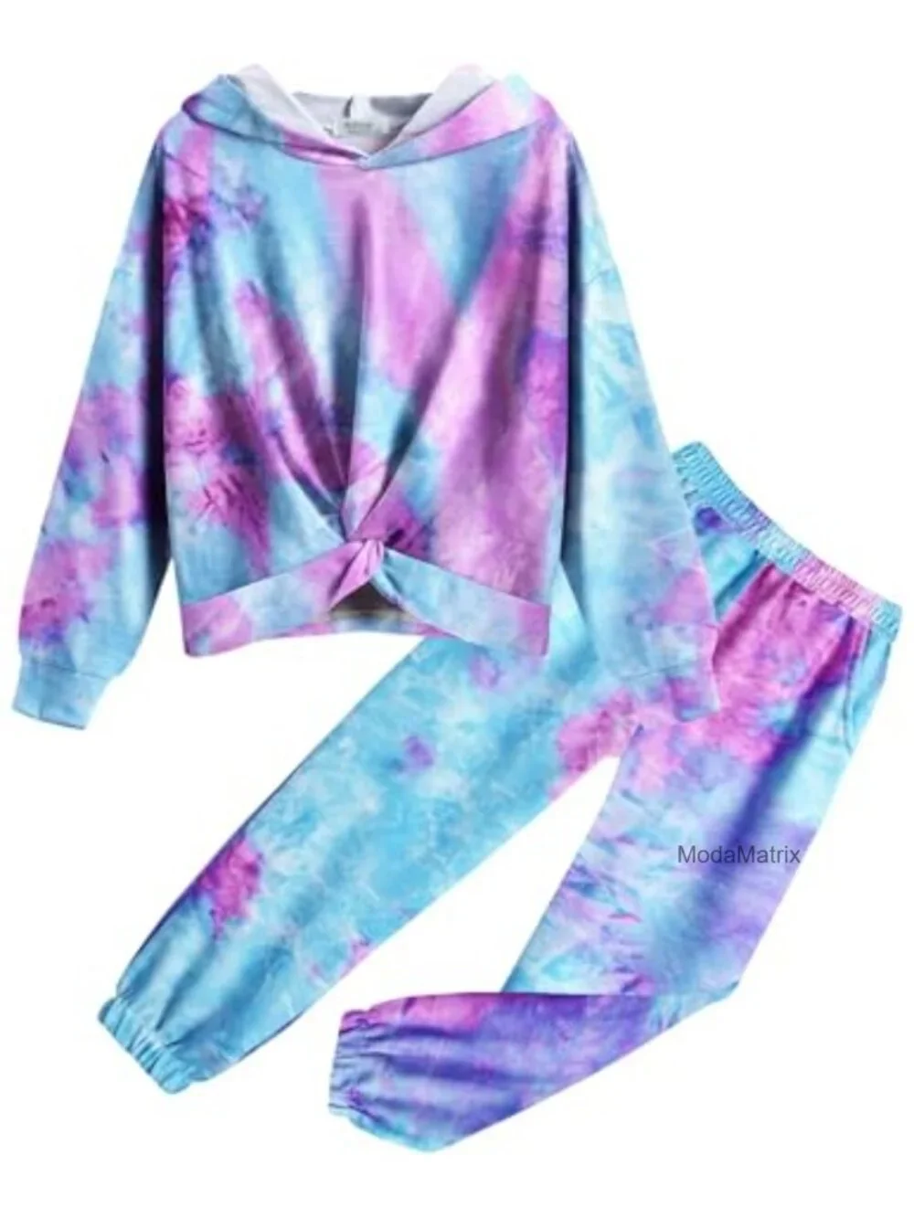 Girls 2 Piece Hooded Sweatsuit Set Tie-dye Twist Front Pullover Athletic
